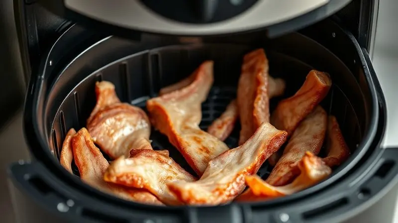 Air fryer moderna com pele de porco fresca para torresmo, método saudável e prático.