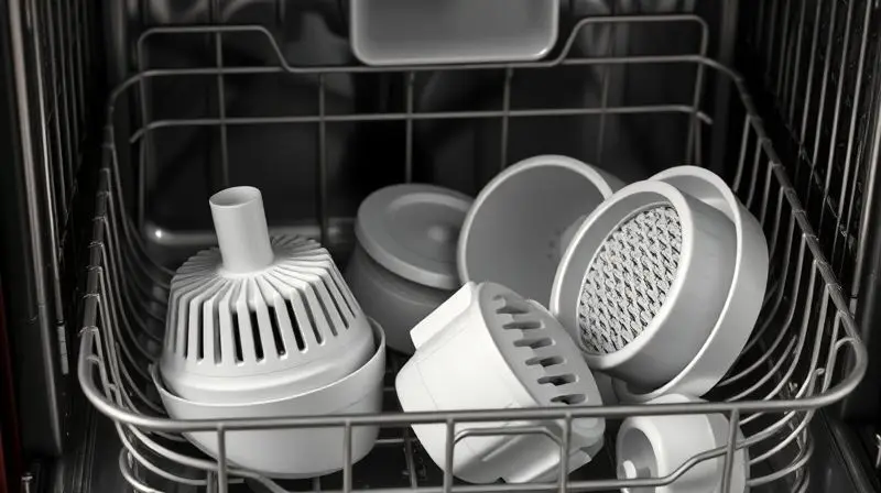 Partes removíveis da airfryer na lava-louças para limpeza fácil e eficiente.
