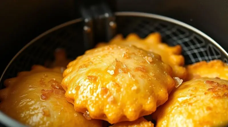 Pastéis dourados e crocantes saindo da airfryer, destacando benefícios sem óleo.