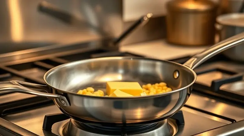 Panela no fogão preparando pipoca com manteiga, processo passo a passo.