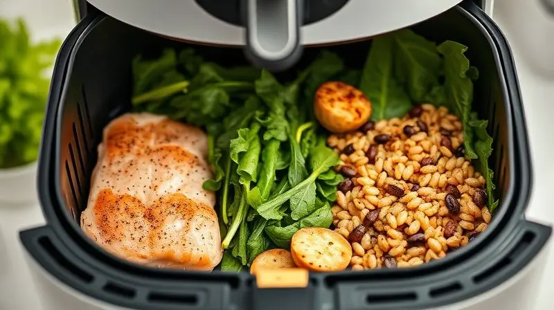 Dicas de refeições saudáveis na air fryer com proteínas magras e vegetais frescos.