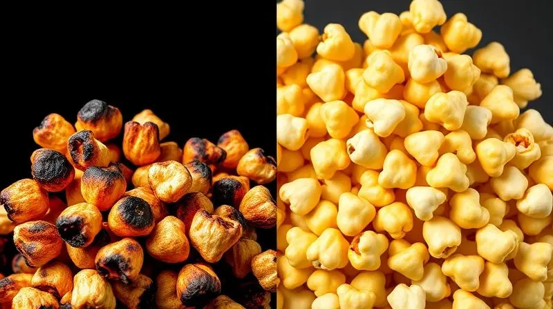 Comparação de pipoca queimada versus pipoca perfeita sem erros.