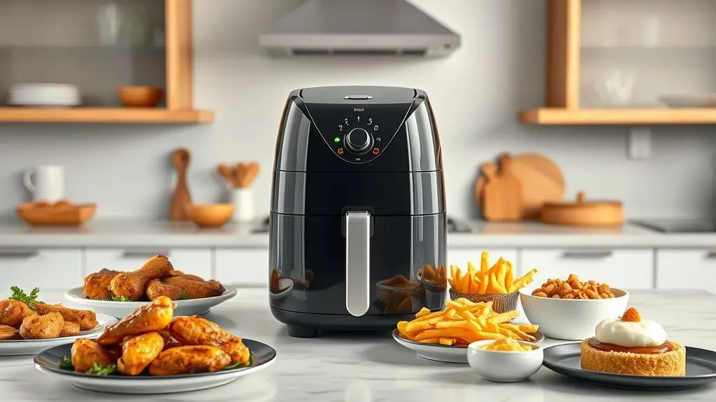 Air Fryer com pratos principais, acompanhamentos e sobremesas deliciosas preparados de forma saudável e prática.