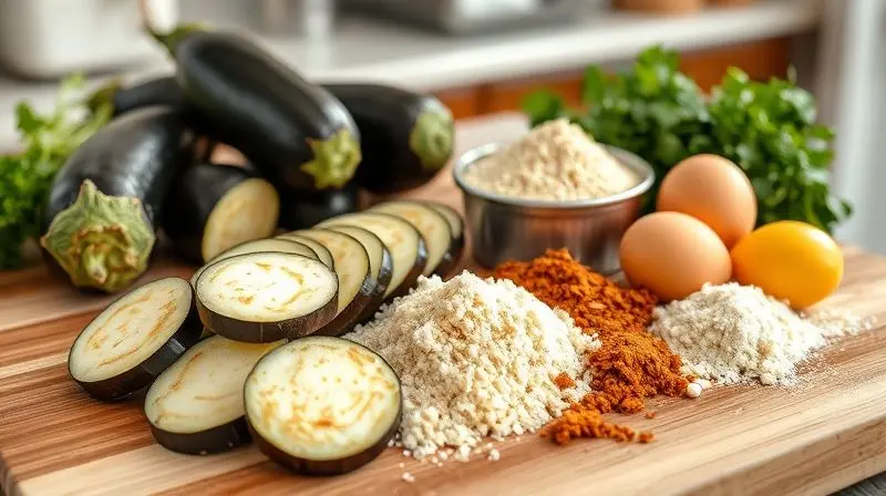 Ingredientes frescos para berinjela empanada na air fryer, incluindo berinjela fatiada e empanado.