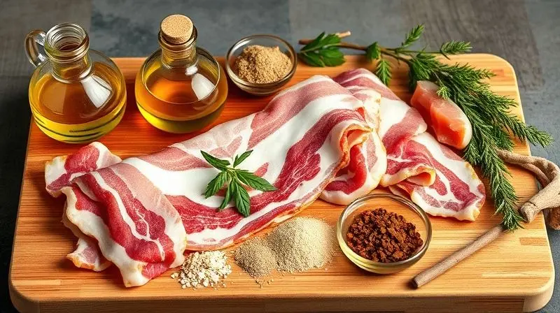 Ingredientes frescos para receita de panceta na air fryer, incluindo bacon e temperos essenciais.