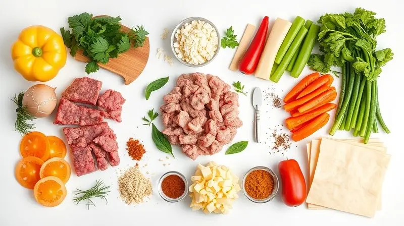 Ingredientes frescos para receita de pastel na airfryer, incluindo recheios variados.