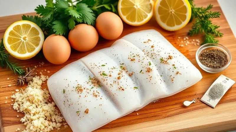 Ingredientes frescos para preparar peixe crocante na air fryer, incluindo filés, pão ralado e temperos