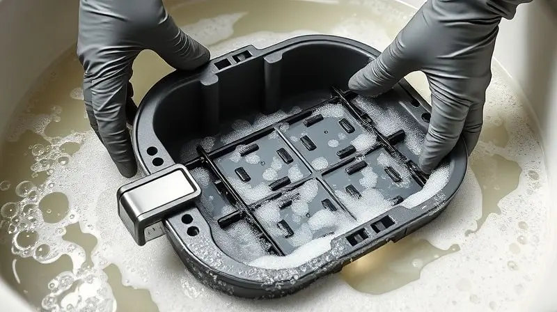 Passo a passo para limpar a gaveta de alimentos da airfryer com água e sabão.