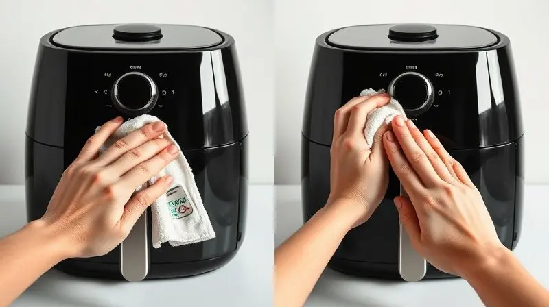 Dicas para limpeza externa da airfryer usando pano macio e limpador suave.