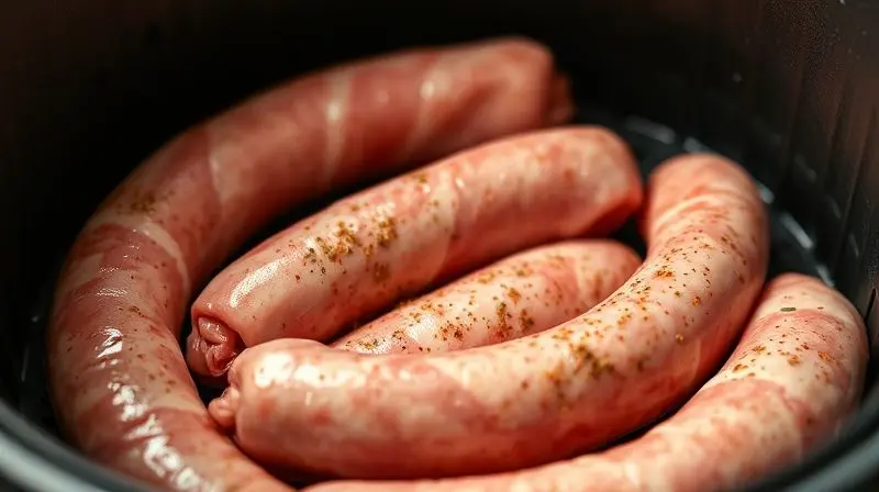 Linguiças cruas na cesta da airfryer prontas para grelhar.