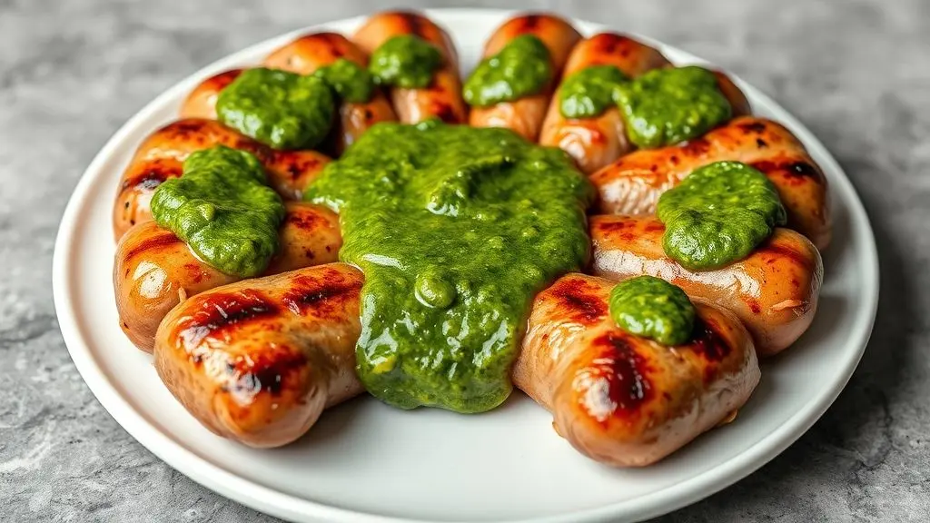 Prato de linguiça de churrasco grelhada na airfryer com molho chimichurri fresco e vibrante.