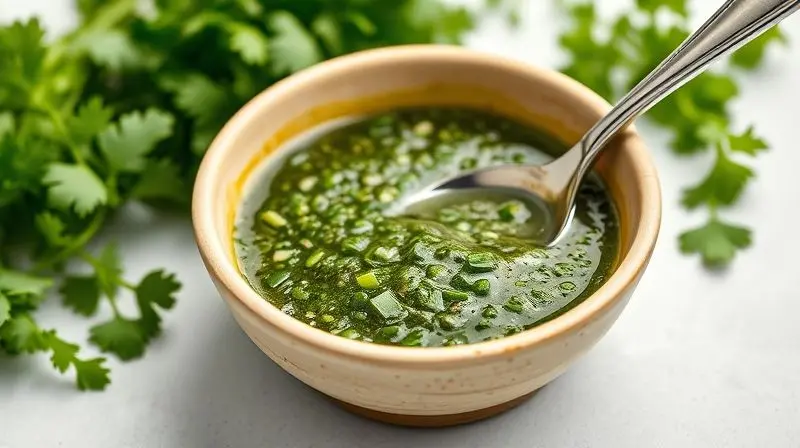 Molho chimichurri fresco com ervas e azeite.