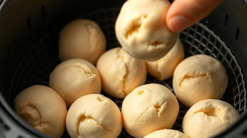 Bolas de massa de pão de queijo sendo colocadas na cesta da airfryer para cozimento rápido.