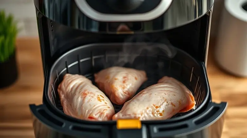 Airfryer cozinhando coxas de frango de forma prática e sem óleo em cozinha moderna.