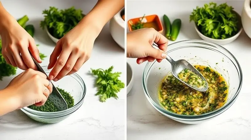 Passos de preparo do molho chimichurri com ervas frescas.