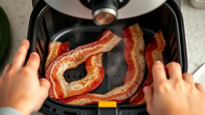 Passo a passo do preparo de panceta na air fryer, com tempero e colocação no aparelho.