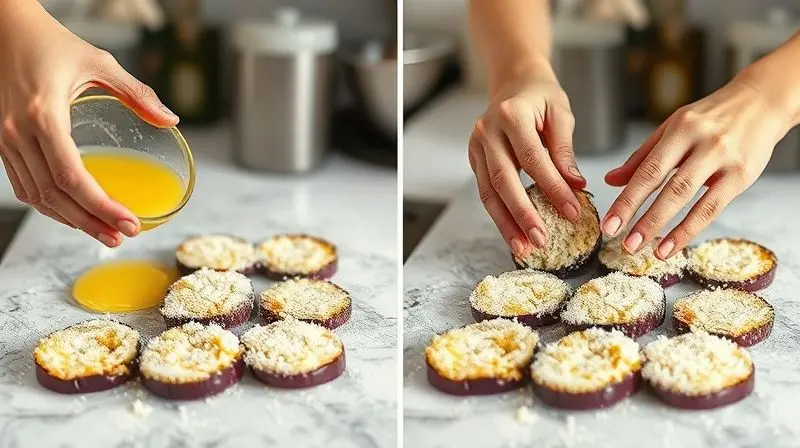 Passo a passo do preparo da berinjela empanada, empanando as fatias na cozinha.
