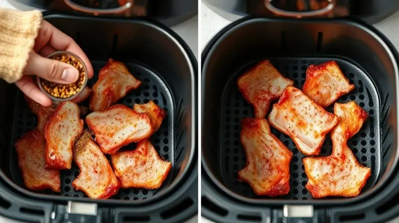 Passo a passo de preparo de torresmo na air fryer com tempero e colocação na cesta.