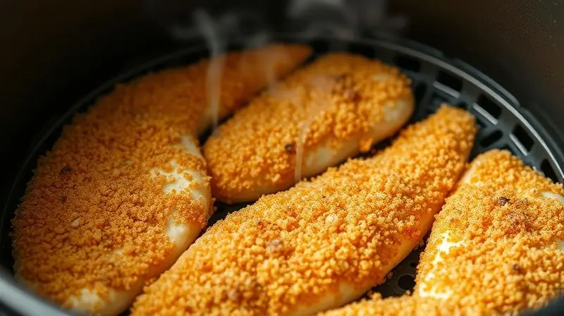 Passo a passo do preparo de peixe crocante na air fryer, mostrando filés empanados e assando