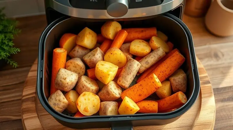 Acompanhamentos crocantes de batatas e legumes assados na air fryer para refeições diárias.