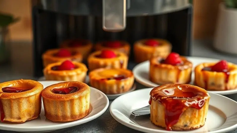 Sobremesas como bolos e pudins de frutas assados na air fryer para momentos doces.