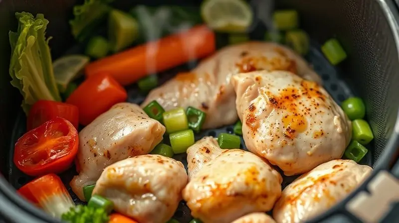Vantagens da air fryer: cozinhando legumes e frango de forma saudável e sem óleo excessivo.