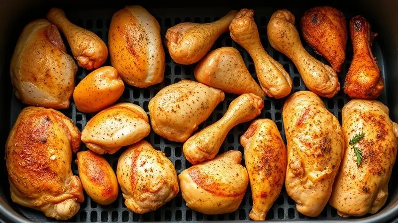 Variações de cortes de frango cozinhados na airfryer com diferentes temperos.