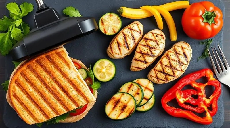 Exemplos de alimentos que podem ser preparados na sanduicheira e mini grill, como paninis, frango e legumes grelhados, mostrando a versatilidade do aparelho.