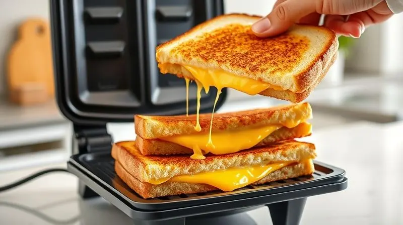 Sanduíche de queijo derretido sendo retirado de uma sanduicheira, mostrando os benefícios de um cozimento rápido e uniforme.