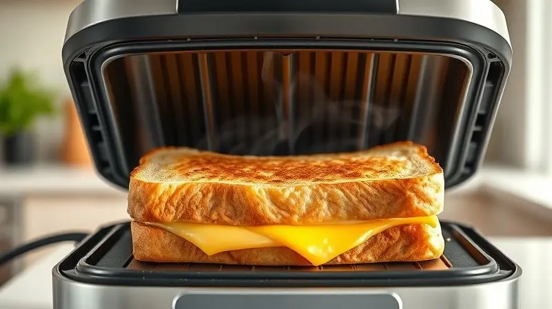 Sanduíche quente e dourado sendo preparado em uma sanduicheira aberta, ilustrando os principais benefícios e características do aparelho para um lanche rápido.