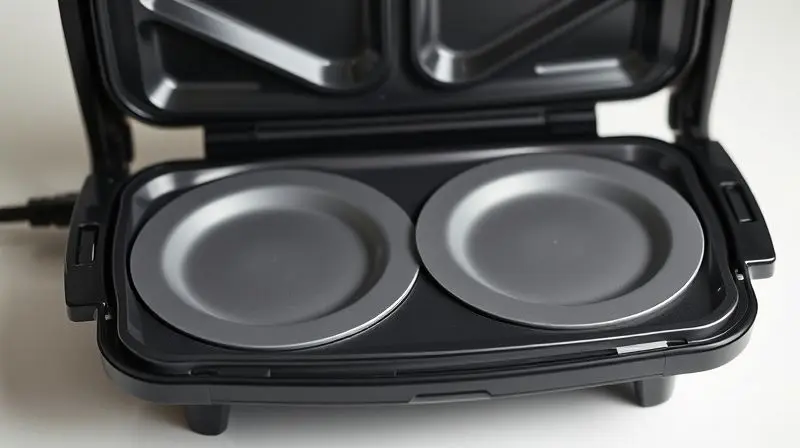Close-up nas placas antiaderentes de uma sanduicheira, uma característica importante que facilita a limpeza e o preparo dos alimentos.