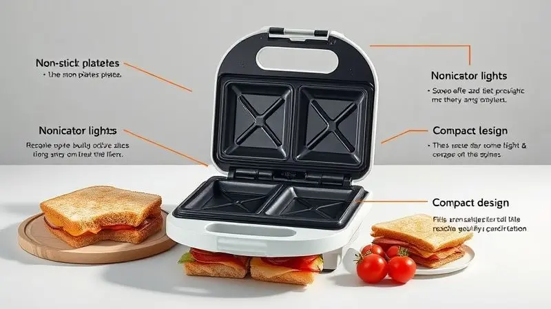 Principais características da sanduicheira: placas antiaderentes, luzes indicadoras e design ergonômico.