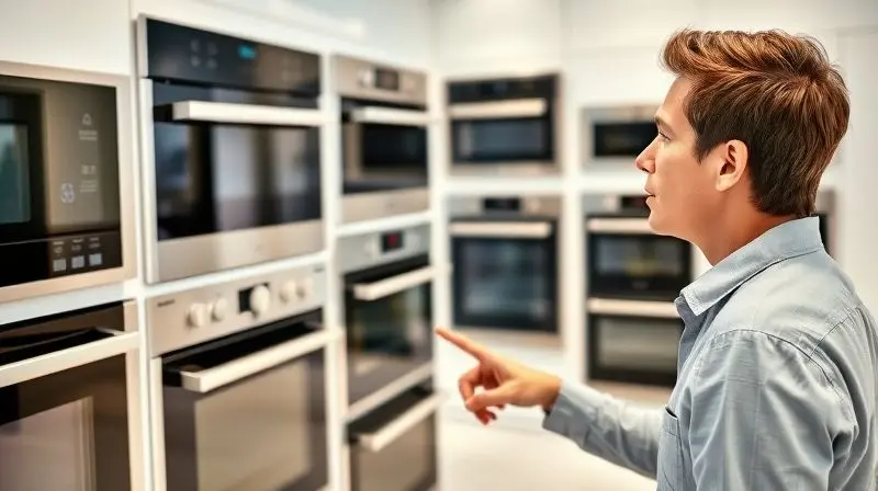 Pessoa escolhendo um novo forno elétrico de embutir em uma loja, seguindo um guia de compra para tomar a melhor decisão.