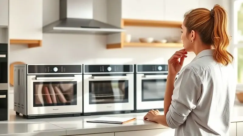 Pessoa planejando a compra e comparando diferentes modelos de fornos elétricos em uma cozinha para escolher o melhor.