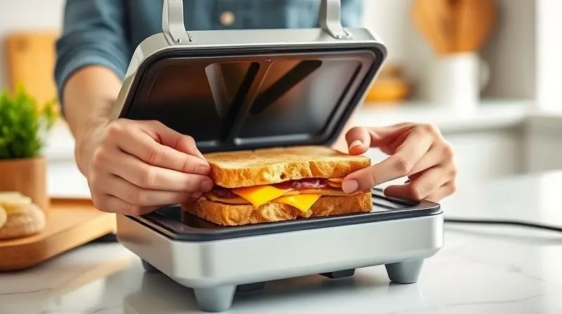 Pessoa utilizando uma sanduicheira de forma segura em uma cozinha limpa e organizada, ilustrando as recomendações de uso e segurança do aparelho.