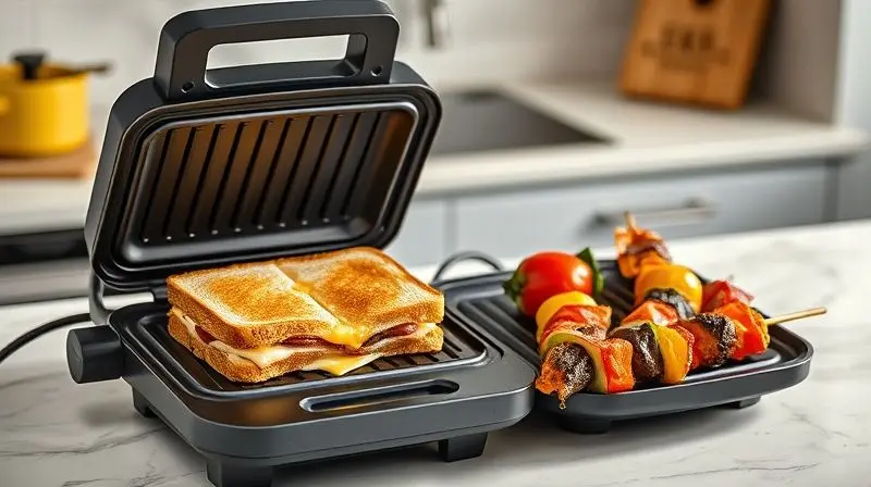 Destaques da sanduicheira e mini grill HQ 180º, com sua abertura de 180 graus, mostrando um sanduíche e legumes grelhados em suas chapas.