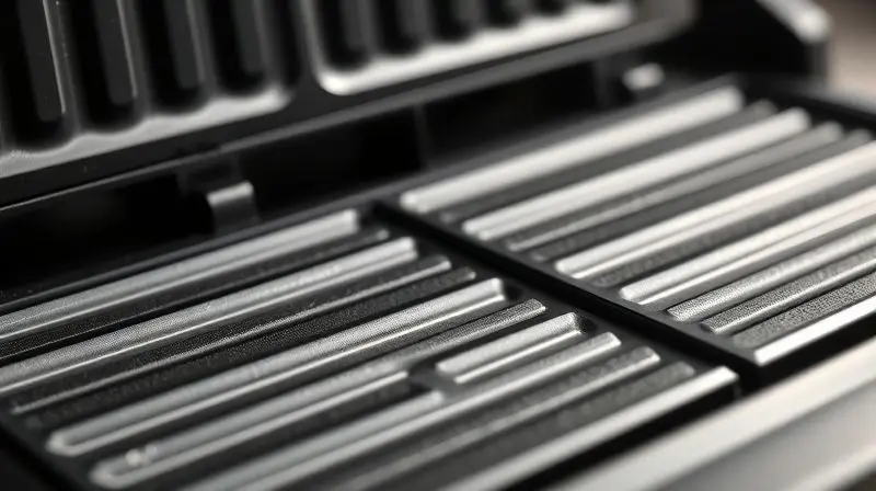 Detalhe das placas de grill antiaderentes da sanduicheira Itatiaia Essencial, mostrando a textura e a qualidade do material.