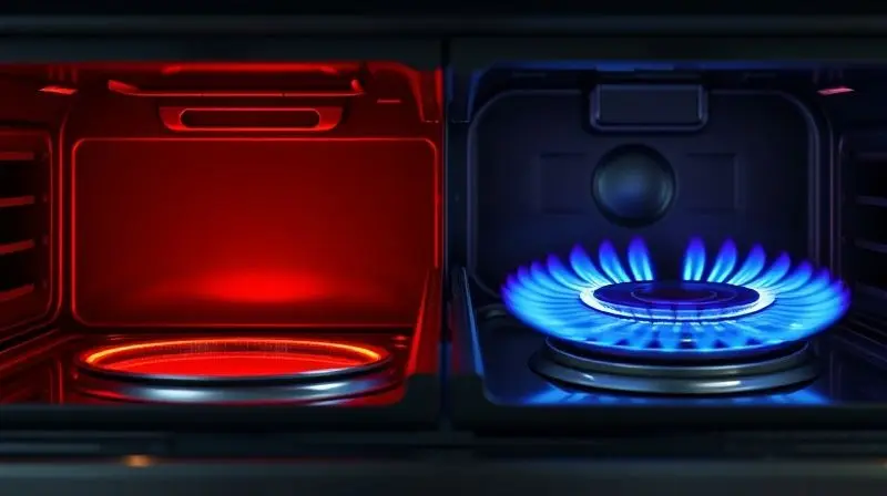 Comparativo visual do interior de um forno elétrico, mostrando a resistência, e um forno a gás, com a chama azul do queimador.
