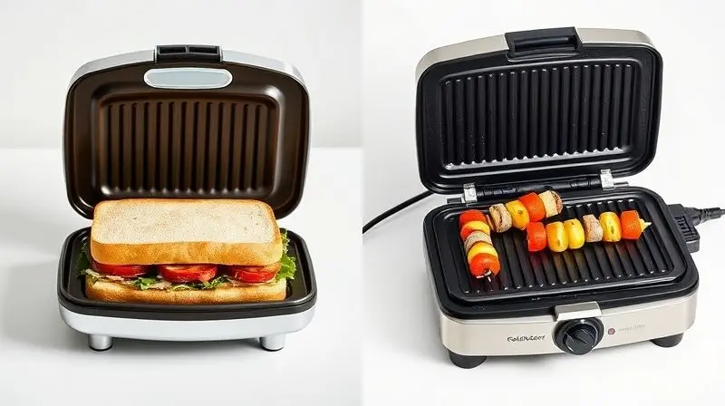 Comparativo visual lado a lado de uma sanduicheira com um pão e um grill elétrico grelhando carne, ilustrando suas principais diferenças.