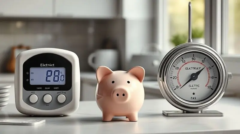 Cofre de porquinho posicionado entre um medidor de energia elétrica e um de gás, ilustrando a comparação de custo entre forno elétrico e a gás.