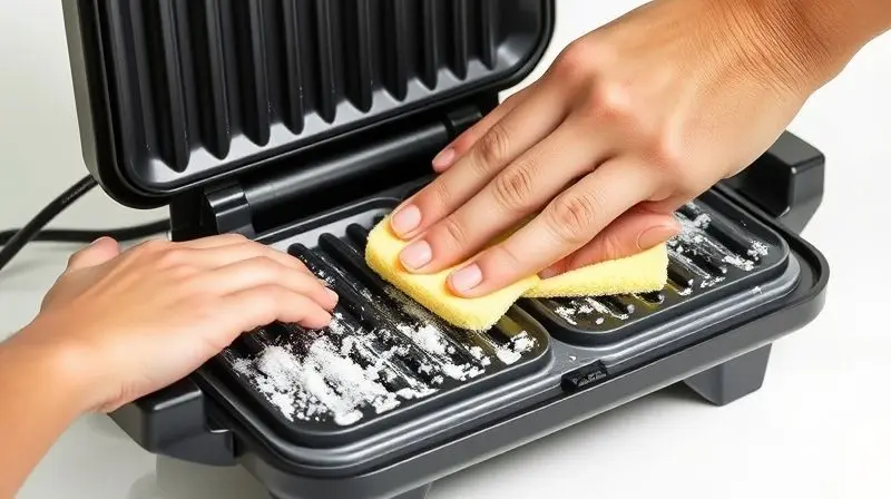 Uma pessoa limpando facilmente as placas de uma sanduicheira grill com uma esponja macia, mostrando a praticidade da manutenção do aparelho.