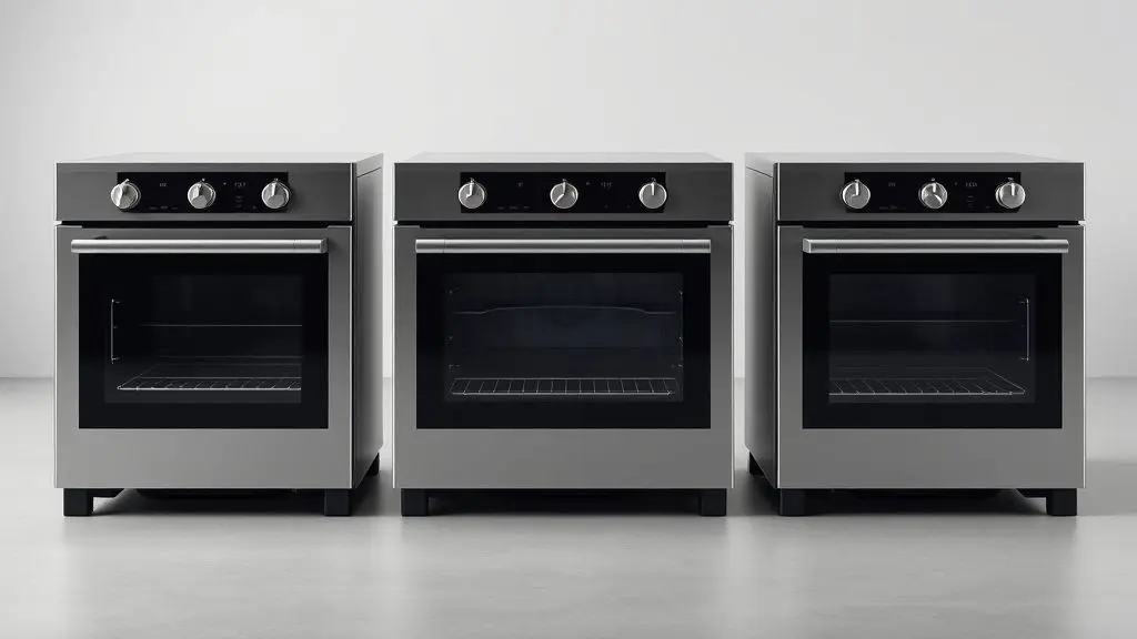 Três modelos de forno elétrico HQ, de 38, 48 e 66 litros, alinhados lado a lado sobre uma bancada neutra, prontos para a análise comparativa.