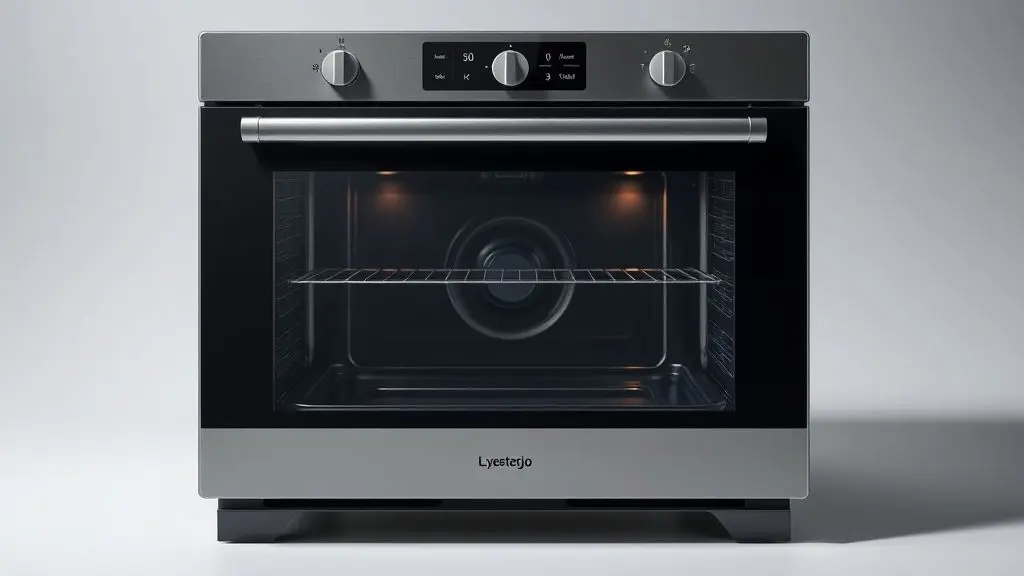 Forno elétrico de 50 litros com porta de vidro espelhado em um estúdio com iluminação profissional, destacando seu design moderno e acabamento.