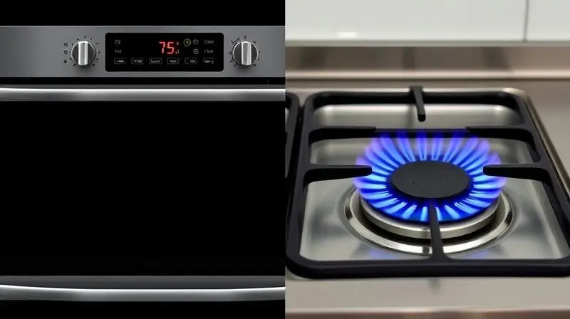 Comparativo visual entre um forno elétrico com controle digital de temperatura e um forno a gás com chamas azuis, ajudando na escolha.