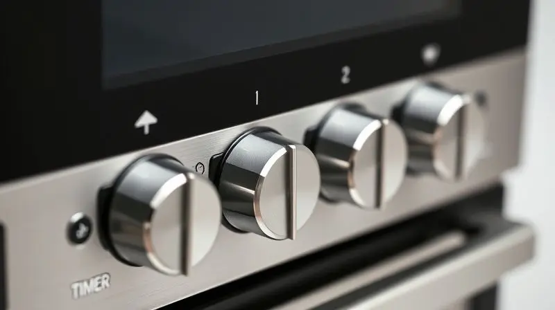 Painel de controle de um forno elétrico de 10 litros em close-up, mostrando os botões de timer, grill e seletor de temperatura.