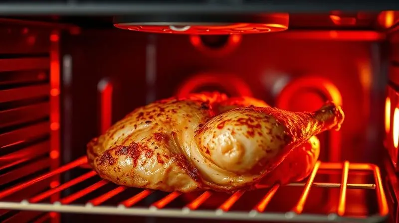 Close-up de um frango assando dentro de um forno elétrico com a função grill ativada, mostrando o calor do elemento superior.