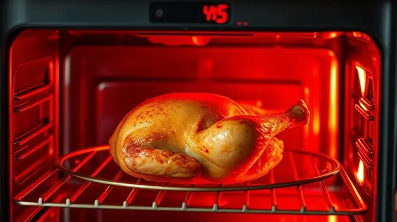 Frango assando dentro de um forno elétrico moderno, demonstrando a função grill e a eficiência dos recursos extras para receitas perfeitas.