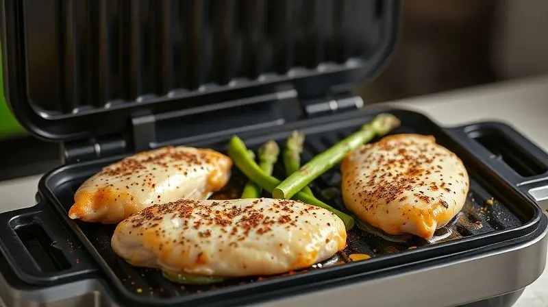 Sanduicheira grill Mallory sendo usada para grelhar peitos de frango e vegetais, mostrando sua versatilidade além de sanduíches.