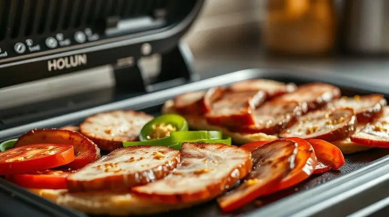 Sanduicheira grelhando vegetais e carnes além de pão, imagem realista de versatilidade do aparelho.