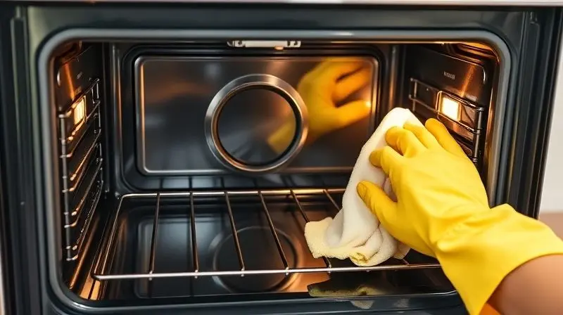 Mão com uma luva protetora limpando facilmente o interior de um forno elétrico moderno com um pano de microfibra.